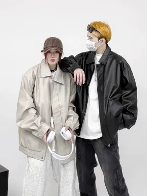 Hip Hop Autumn PU Leather Solid Color Loose Locomotive Style Coat