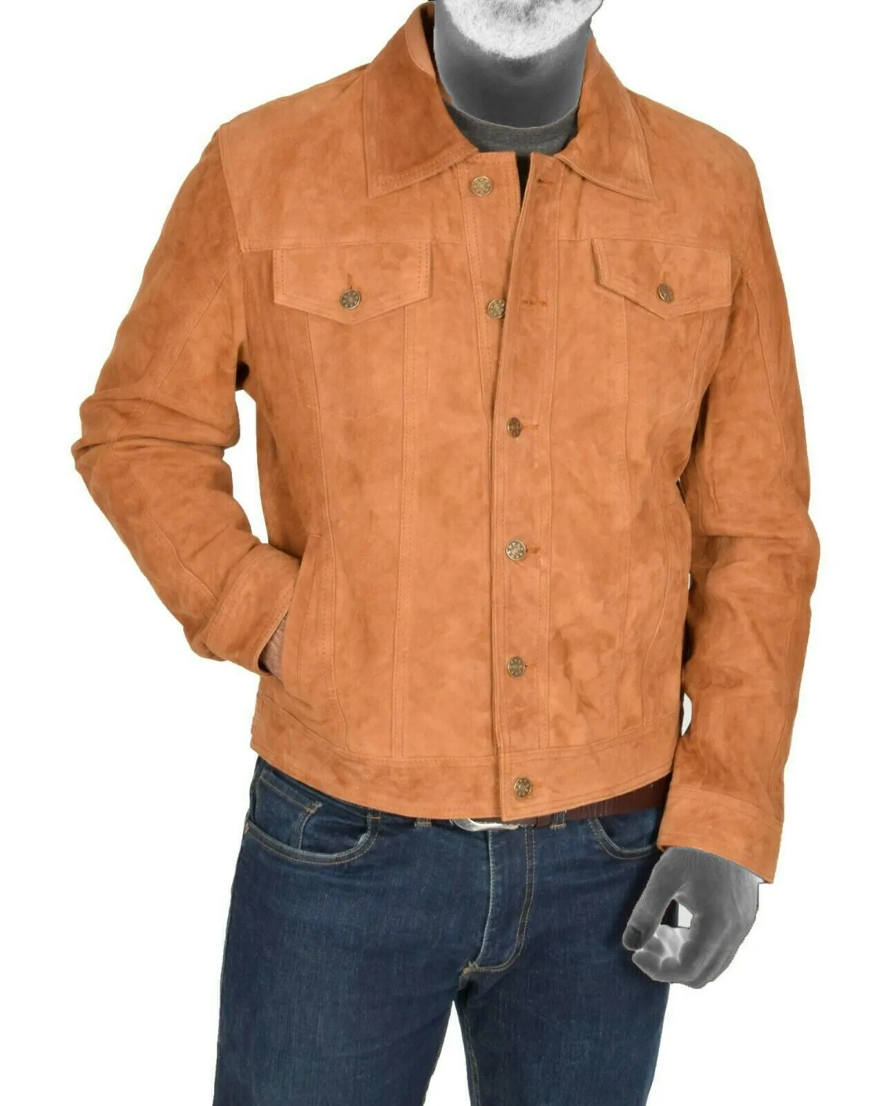 Spine Spark Men's Denim Style Soft Tan Suede Leather Jacket